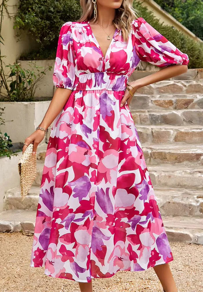 Damska Sukienka Midi z Nadrukiem i Bufiastymi Rękawami-Midi Dress-Olave