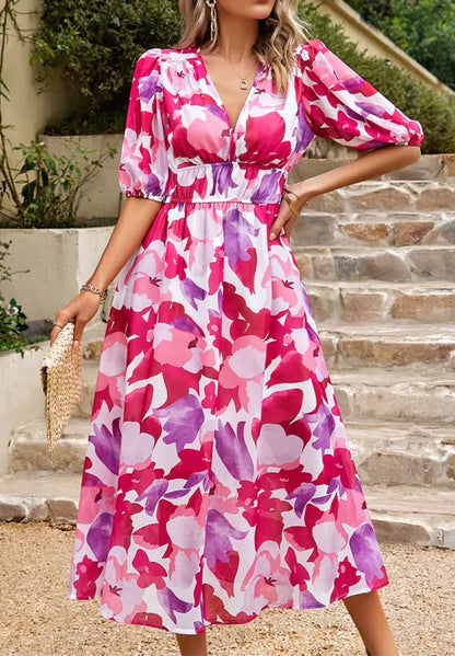 Damska Sukienka Midi z Nadrukiem i Bufiastymi Rękawami-Midi Dress-Olave