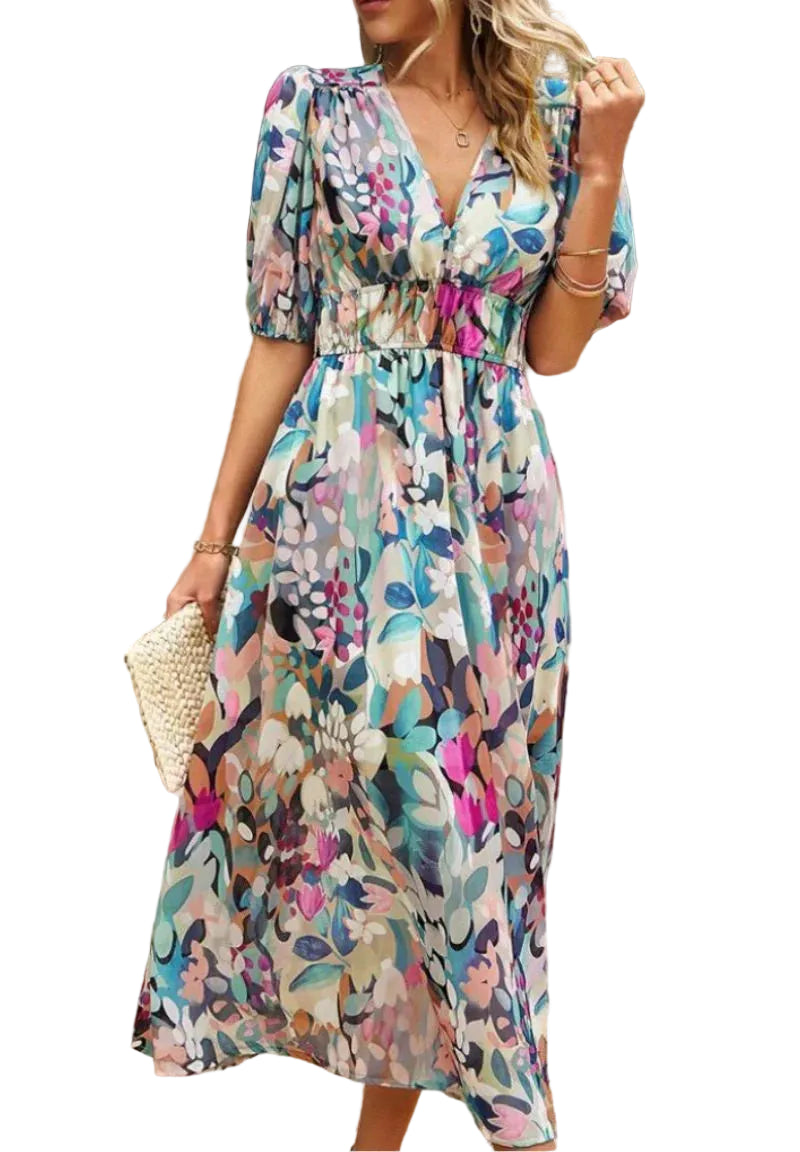 Damska Sukienka Midi z Nadrukiem i Bufiastymi Rękawami-Midi Dress-Olave