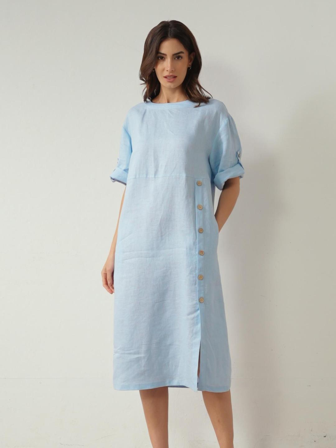 Damska sukienka midi z okrągłym dekoltem i guzikami z boku-Midi Dress-Olave