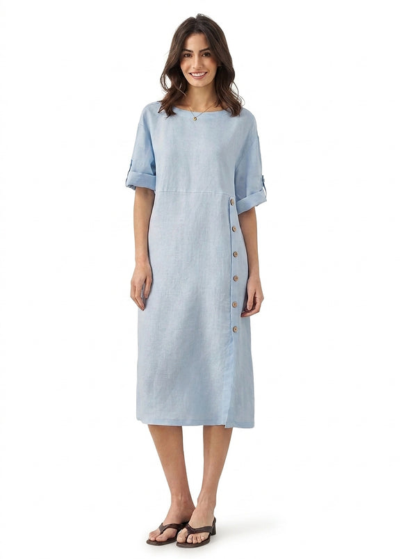 Damska sukienka midi z okrągłym dekoltem i guzikami z boku-Midi Dress-Olave