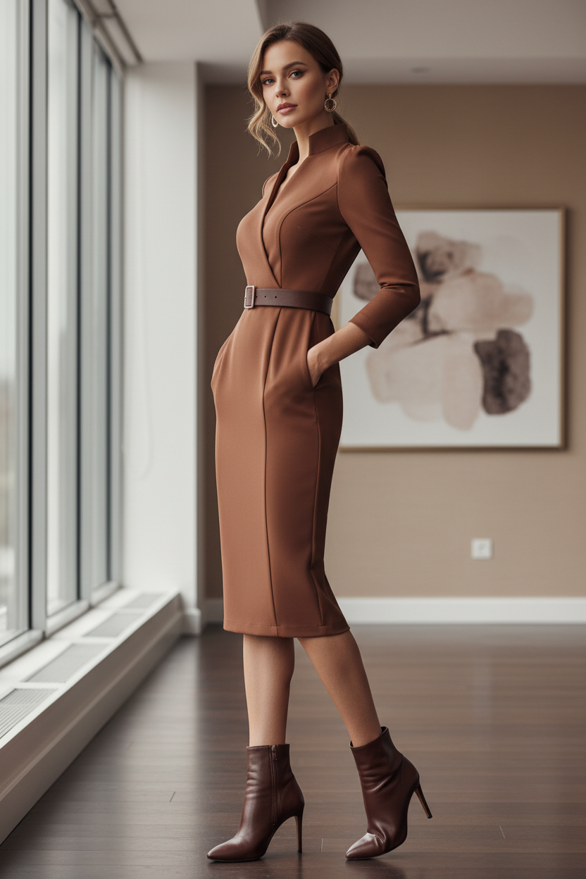 Damska sukienka midi z paskiem i dekoltem w szpic-Midi Dress-Olave
