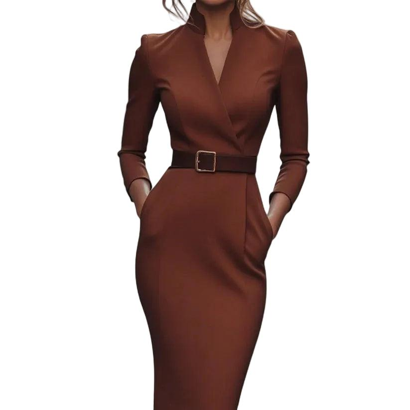 Damska sukienka midi z paskiem i dekoltem w szpic-Midi Dress-Olave
