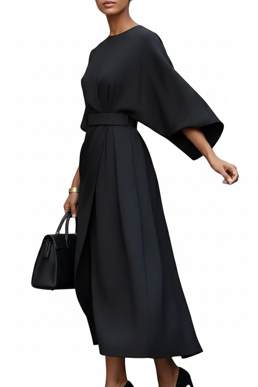 Damska Sukienka Midi z Paskiem i Szerokimi Rękawami-Midi Dress-Olave