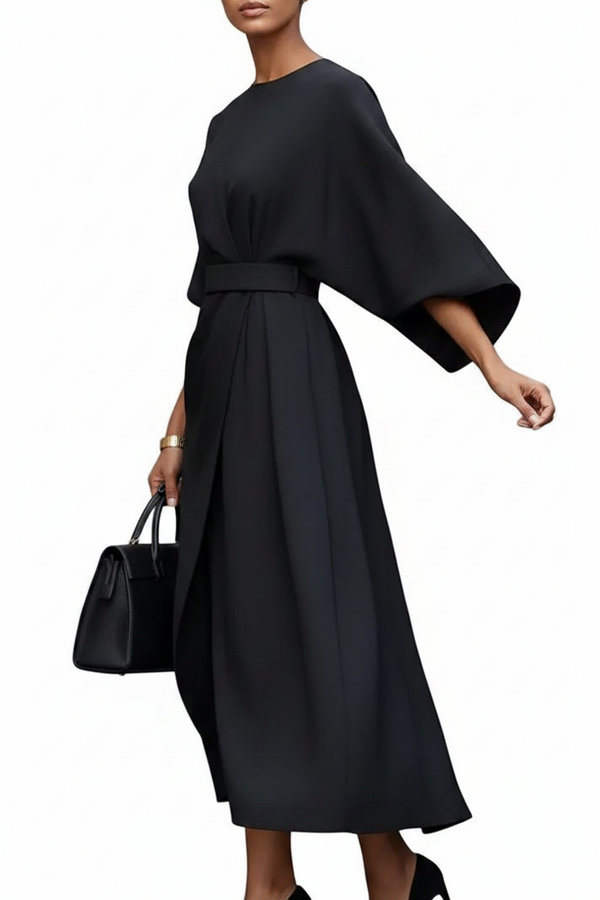 Damska Sukienka Midi z Paskiem i Szerokimi Rękawami-Midi Dress-Olave