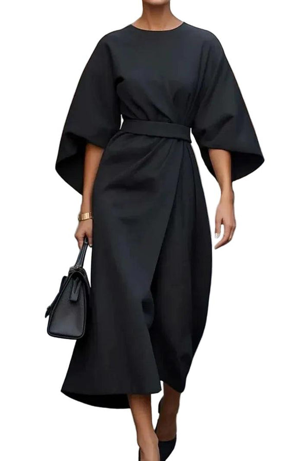 Damska Sukienka Midi z Paskiem i Szerokimi Rękawami-Midi Dress-Olave