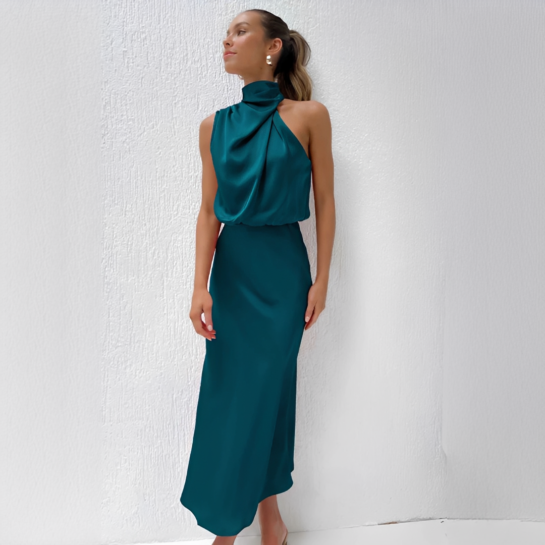 Damska sukienka midi z wysokim kołnierzem i drapowaną górą-Midi Dress-Olave