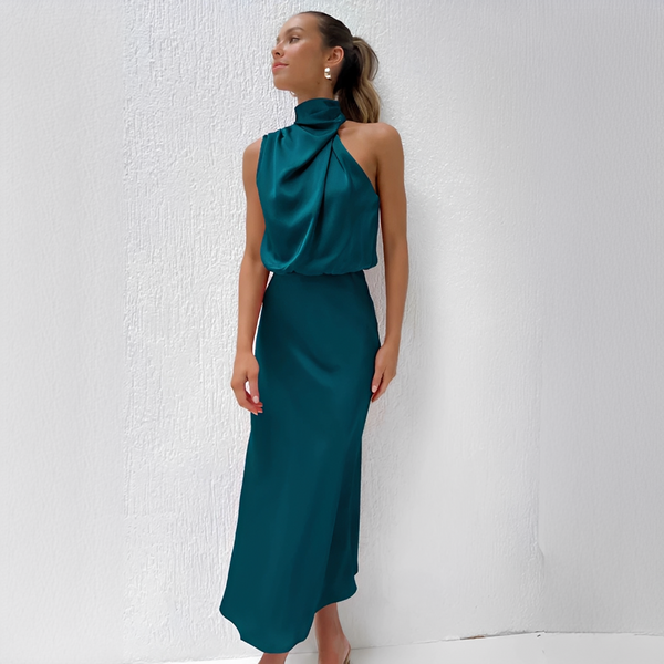 Damska sukienka midi z wysokim kołnierzem i drapowaną górą-Midi Dress-Olave
