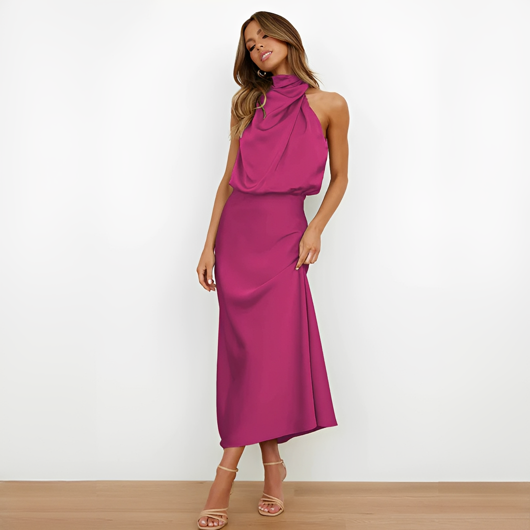 Damska sukienka midi z wysokim kołnierzem i drapowaną górą-Midi Dress-Olave