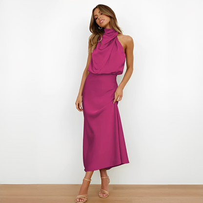 Damska sukienka midi z wysokim kołnierzem i drapowaną górą-Midi Dress-Olave