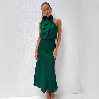 Damska sukienka midi z wysokim kołnierzem i drapowaną górą-Midi Dress-Olave