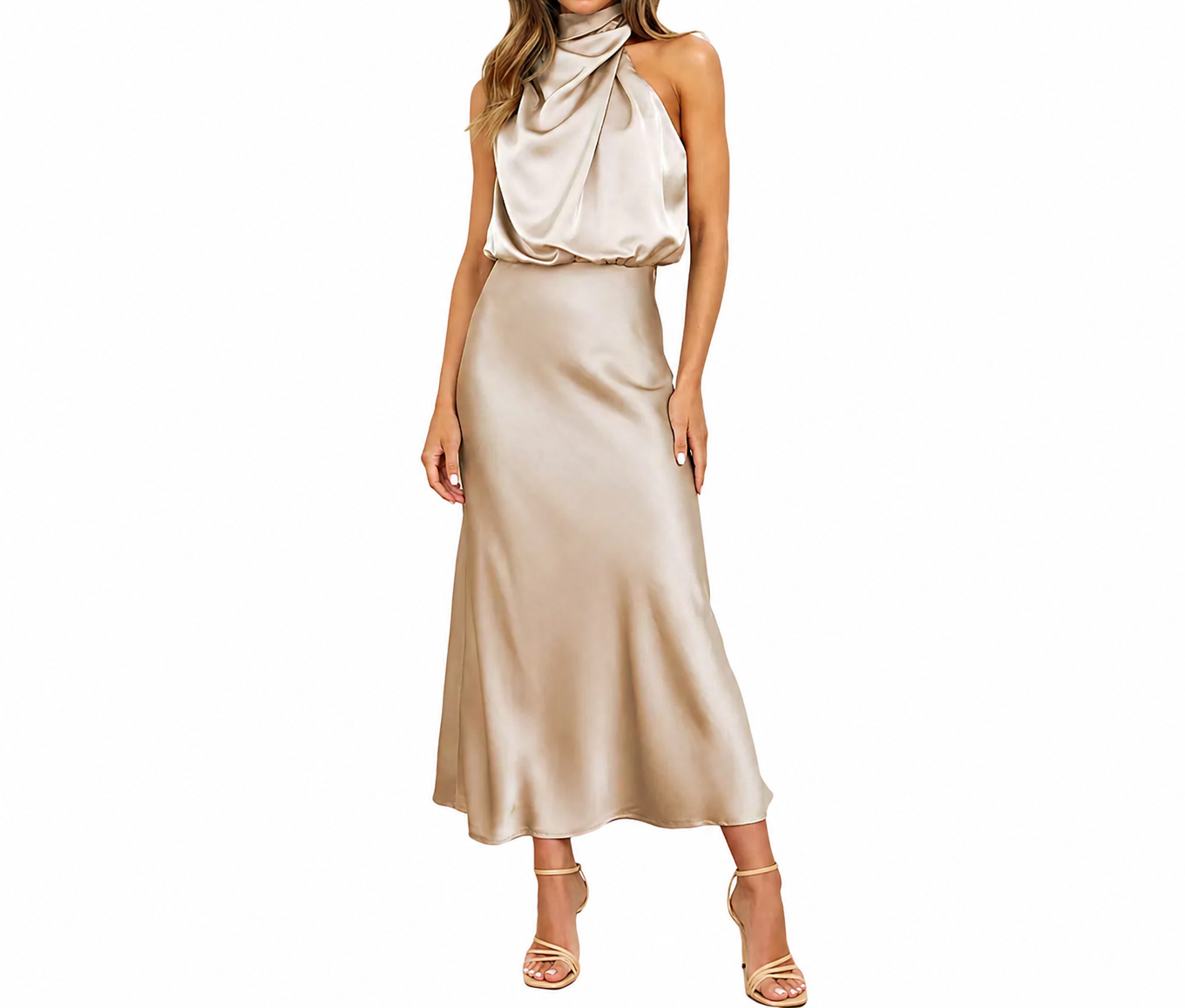 Damska sukienka midi z wysokim kołnierzem i drapowaną górą-Midi Dress-Olave