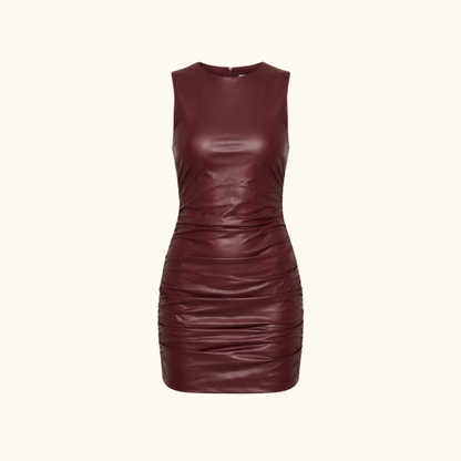 Damska sukienka mini bez rękawów z marszczeniami i okrągłym dekoltem-Mini Dress-Olave
