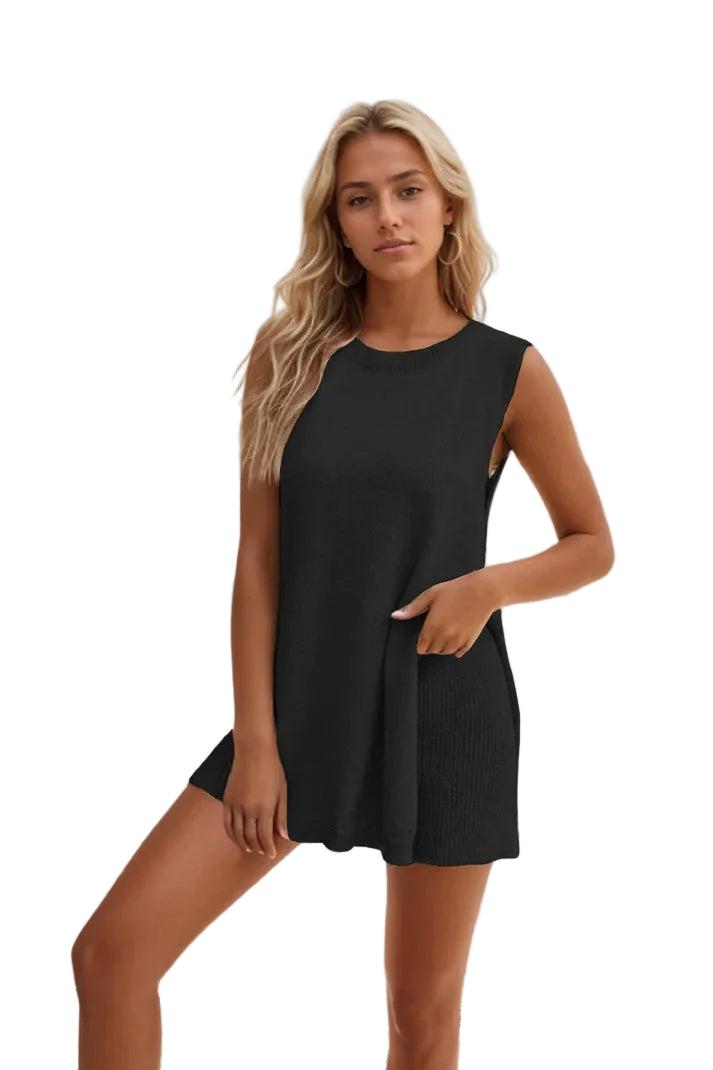 Damska Sukienka Mini Bez Rękawów z Okrągłym Dekoltem-Mini Dress-Olave