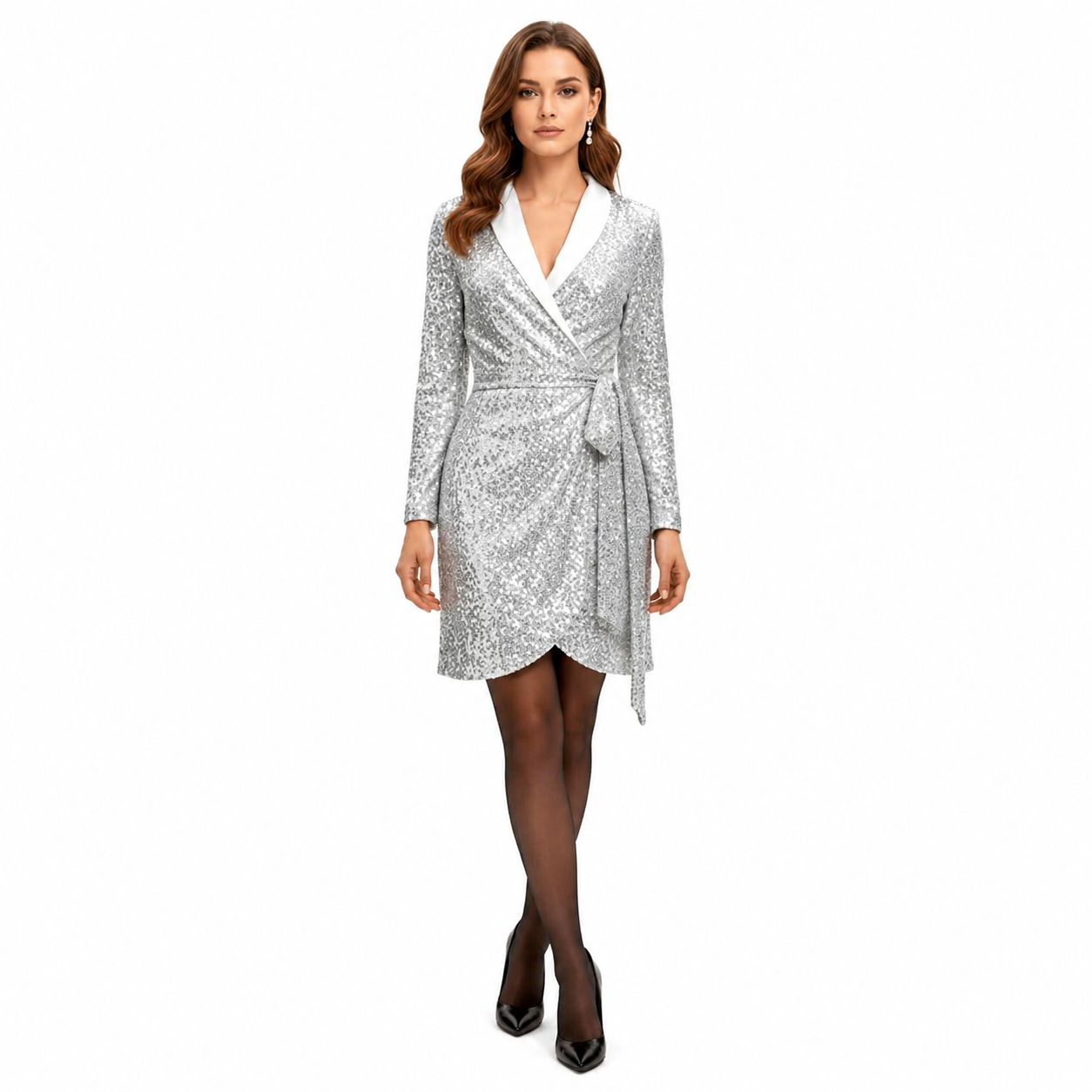 Damska Sukienka Mini Kopertowa z Cekinami z Kołnierzem Szalowym i Wiązaniem w Talii-Mini Dress-Olave