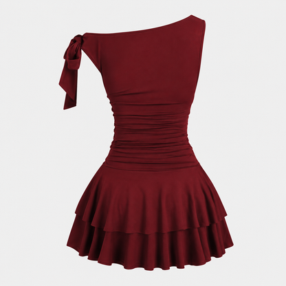 Damska Sukienka Mini na Jedno Ramię z Falbaną-Mini Dress-Olave