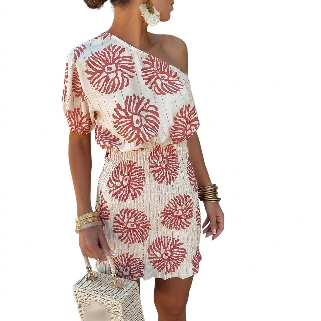Damska sukienka mini na jedno ramię z marszczeniem-Mini Dress-Olave