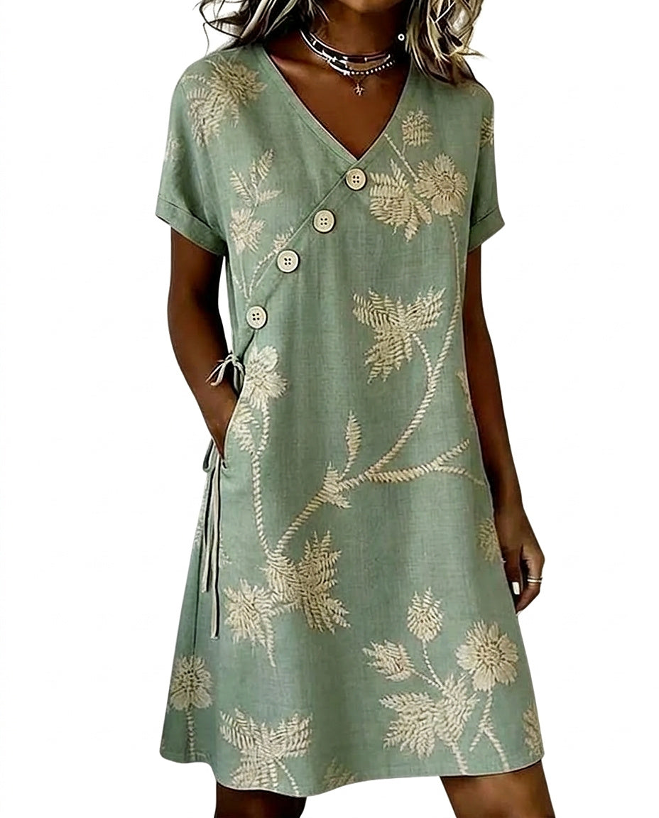 Damska sukienka mini o kroju shift w kwiaty z ozdobnymi guzikami-Mini Dress-Olave