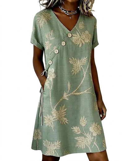 Damska sukienka mini o kroju shift w kwiaty z ozdobnymi guzikami-Mini Dress-Olave