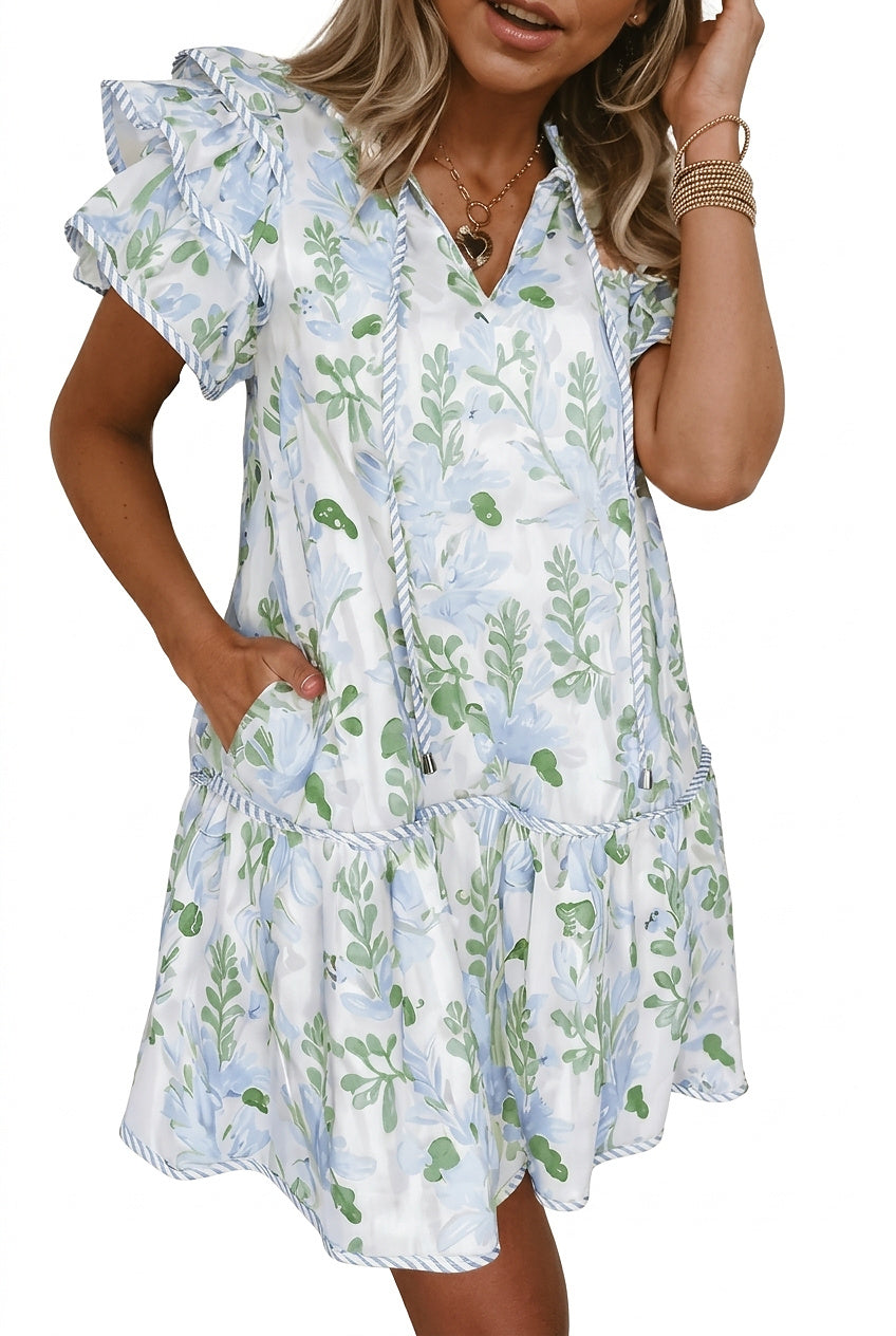 Damska sukienka mini w kwiaty z falbankami przy rękawach-Midi Dress-Olave