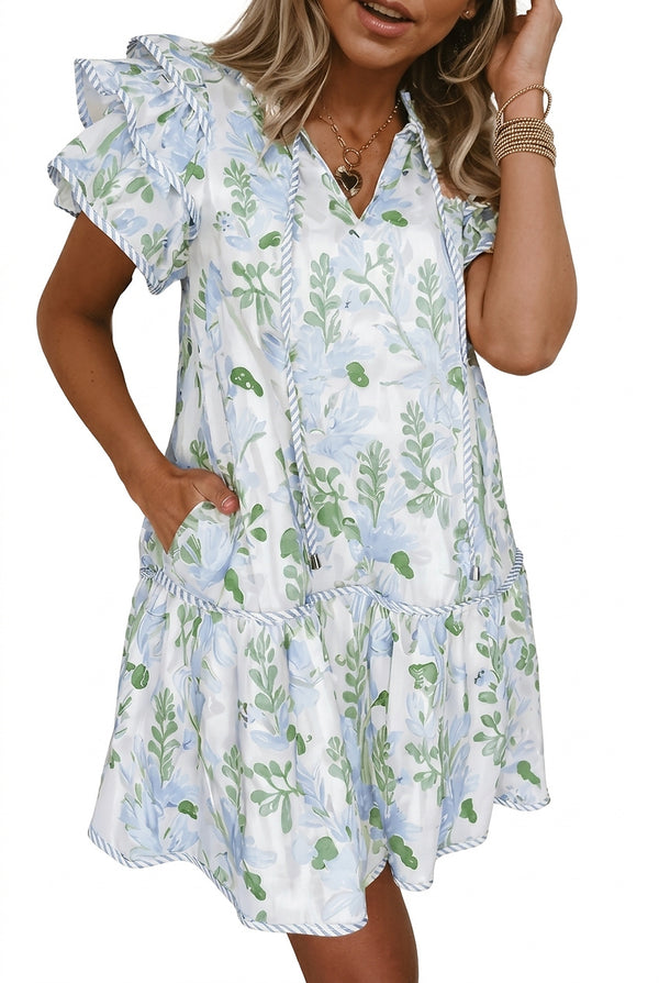 Damska sukienka mini w kwiaty z falbankami przy rękawach-Midi Dress-Olave