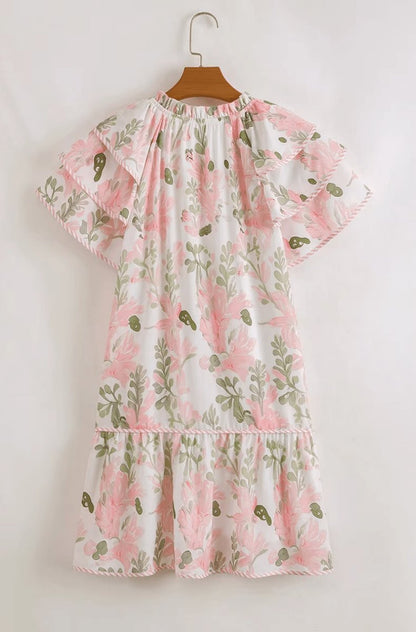 Damska sukienka mini w kwiaty z falbankami przy rękawach-Midi Dress-Olave