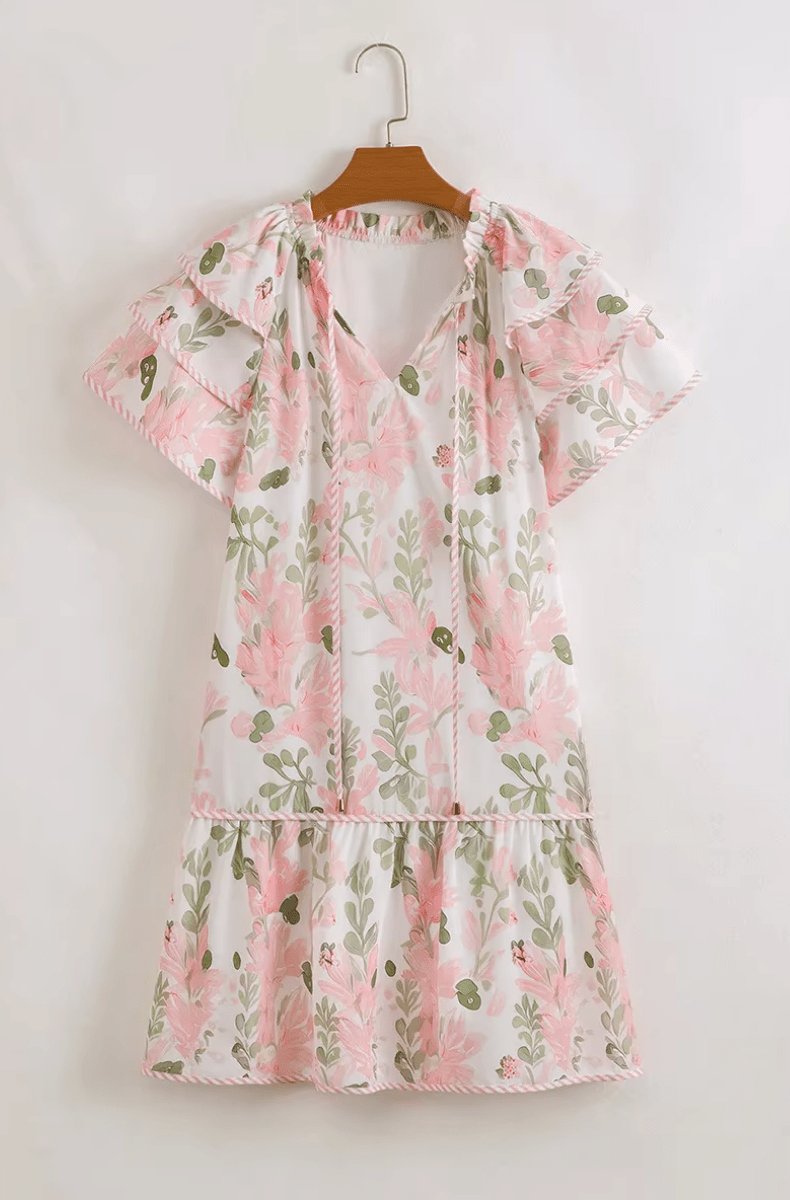 Damska sukienka mini w kwiaty z falbankami przy rękawach-Midi Dress-Olave