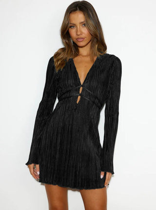 Damska sukienka mini z dekoltem w kształcie litery V i wiązaniem z przodu-Dresses for Women-Olave