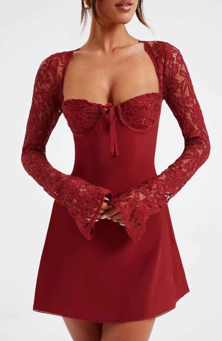 Damska sukienka mini z długimi koronkowymi rękawami i usztywnioną górą-Mini Dress-Olave