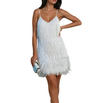 Damska Sukienka Mini z Frędzlami i Wykończeniem z Piór-Mini Dress-Olave