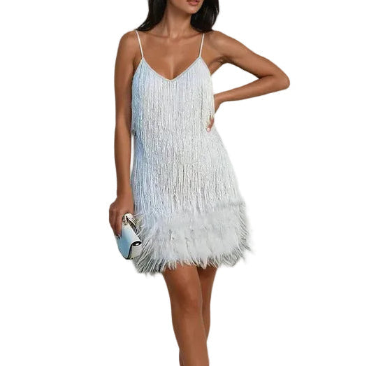 Damska Sukienka Mini z Frędzlami i Wykończeniem z Piór-Mini Dress-Olave