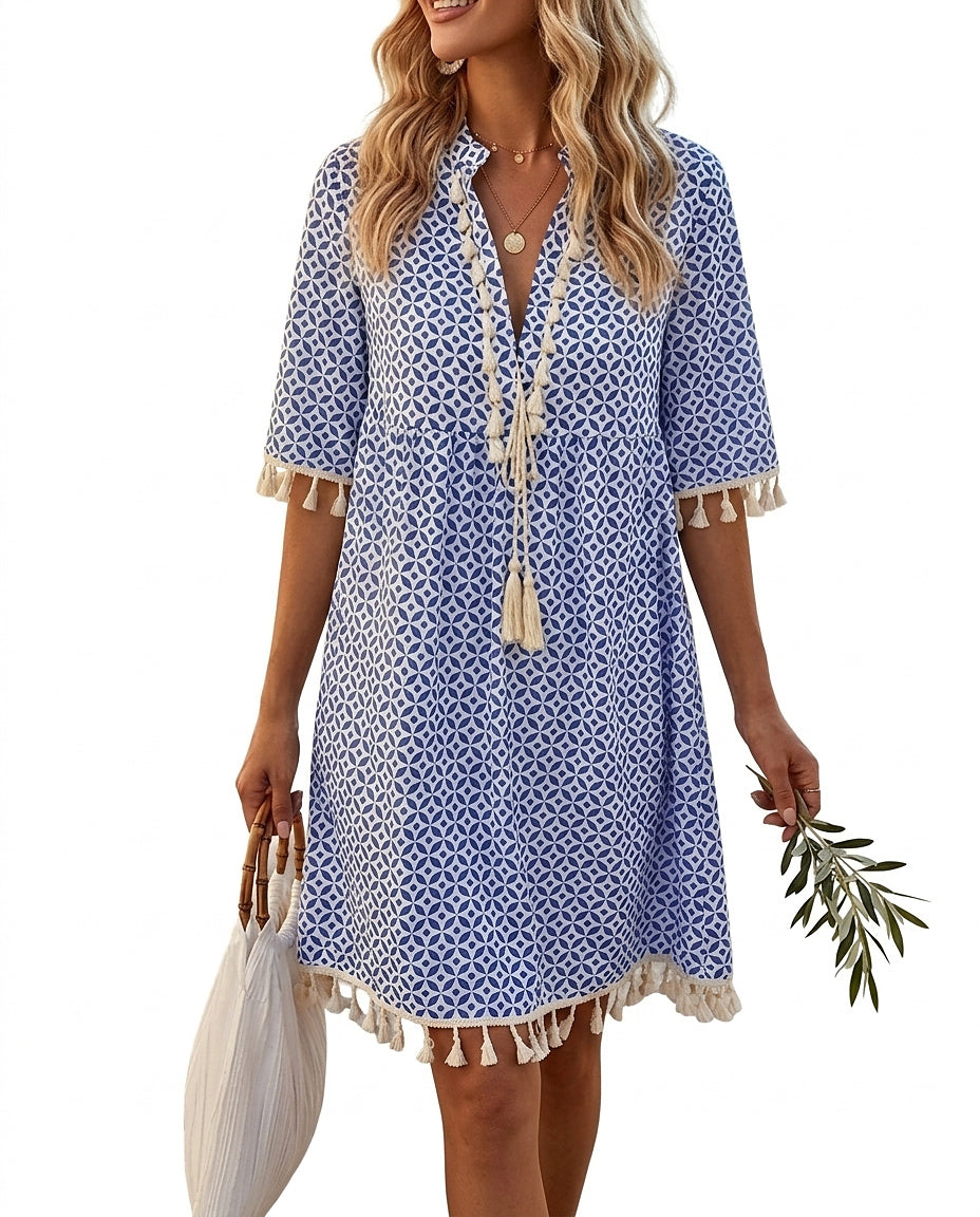 Damska sukienka mini z geometrycznym wzorem i chwostami-Mini Dress-Olave