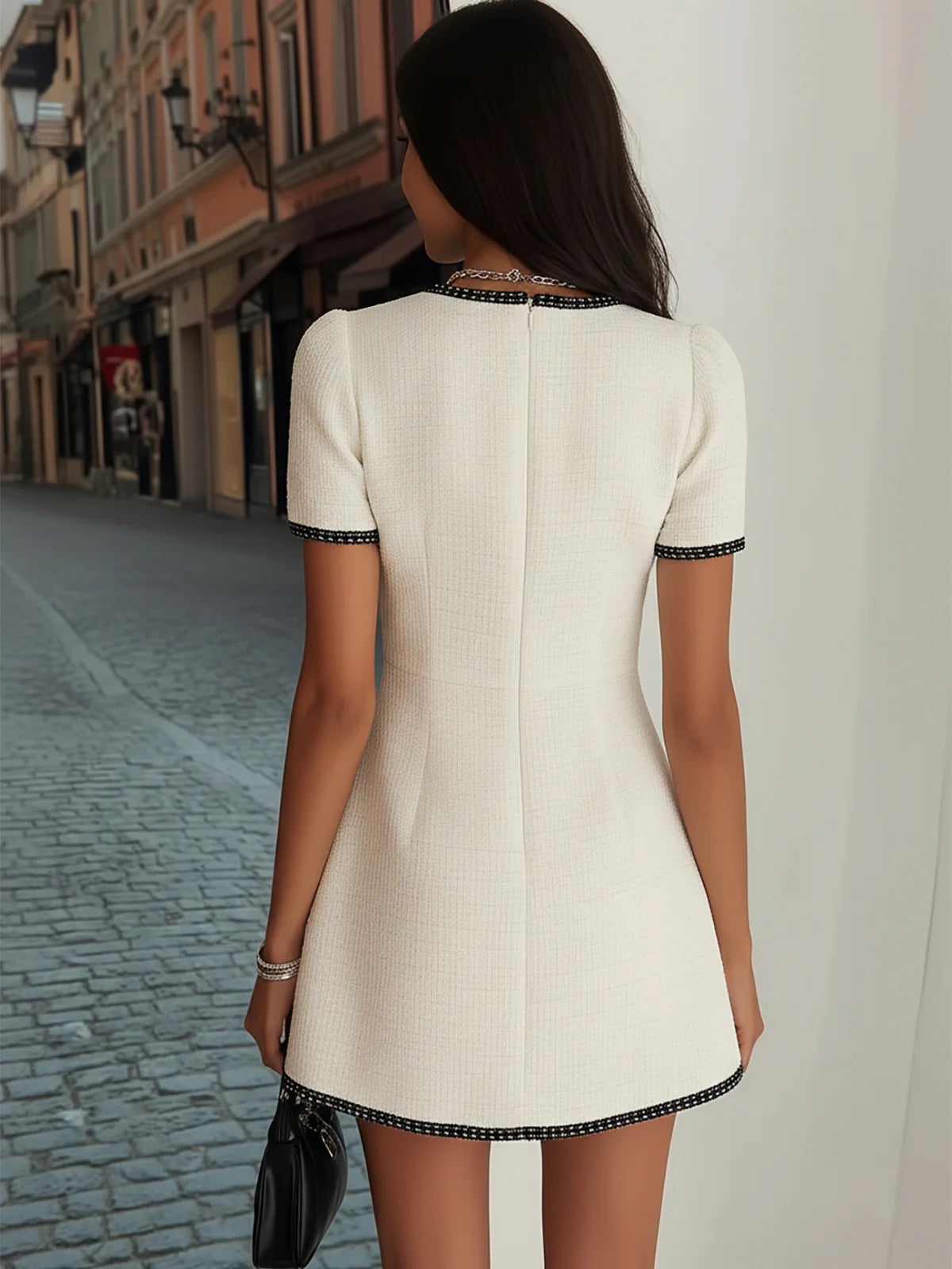 Damska Sukienka Mini z Krótkim Rękawem i Zapięciem na Guziki z Lamówką-Mini Dress-Olave