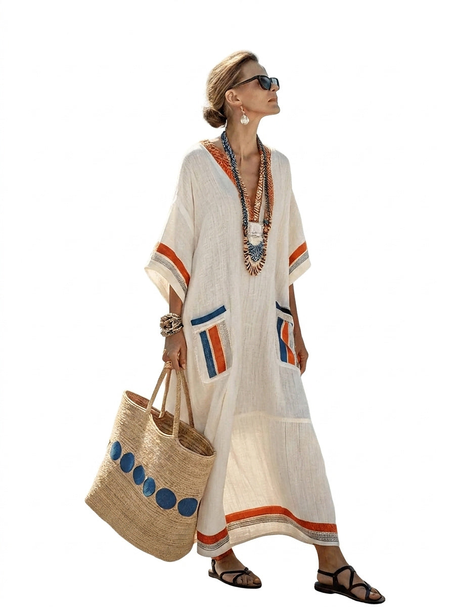 Damska sukienka typu kaftan maxi z naszywanymi kieszeniami-Maxi Dress-Olave
