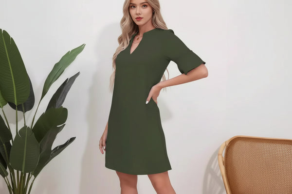 Damska Sukienka z Krótkim Rękawem i Dekoltem w Kształcie V-Mini Dress-Olave