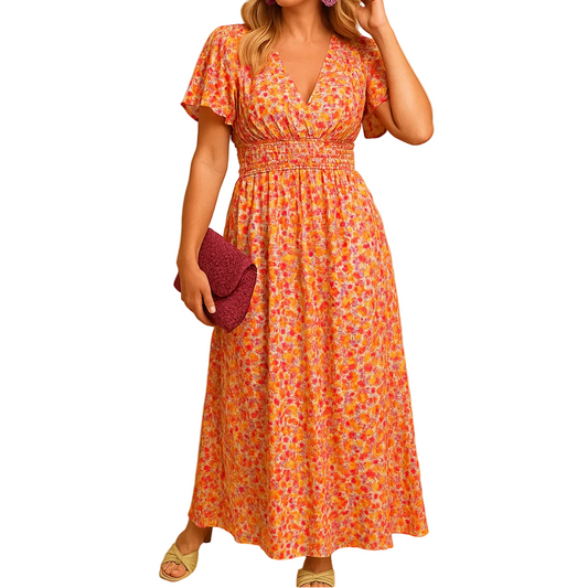 Damska sukienka z krótkim rękawem i dekoltem w kształcie V z marszczoną talią i wzorem kwiatowym-Dresses for Women-Olave