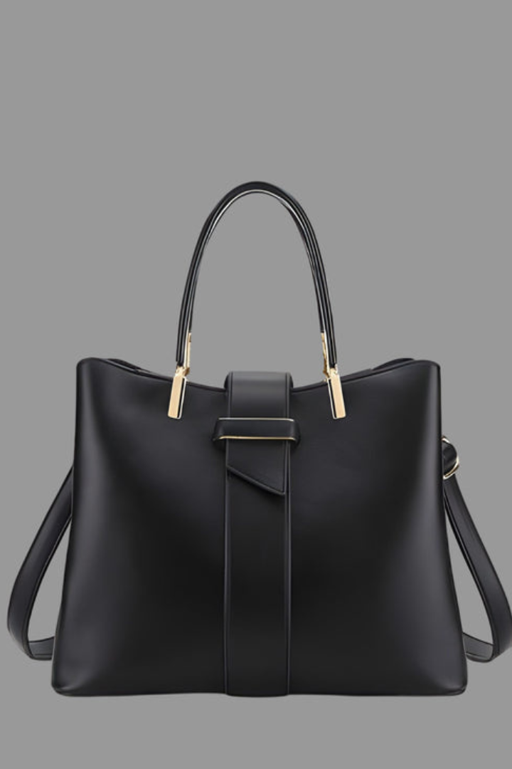 Damska torba typu tote o usztywnionej formie z podwójnymi uchwytami, centralnym paskiem i odpinanym paskiem na ramię-Accessories for Women-Olave