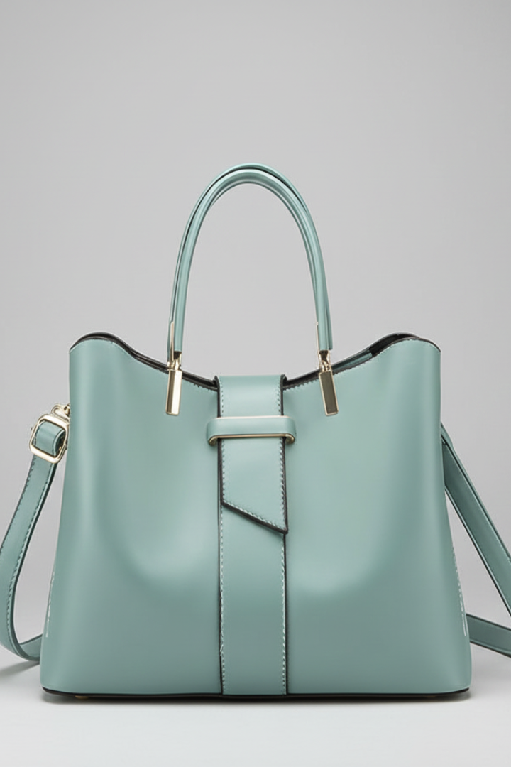 Damska torba typu tote o usztywnionej formie z podwójnymi uchwytami, centralnym paskiem i odpinanym paskiem na ramię-Accessories for Women-Olave