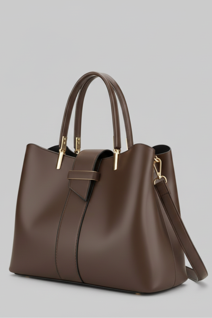 Damska torba typu tote o usztywnionej formie z podwójnymi uchwytami, centralnym paskiem i odpinanym paskiem na ramię-Accessories for Women-Olave