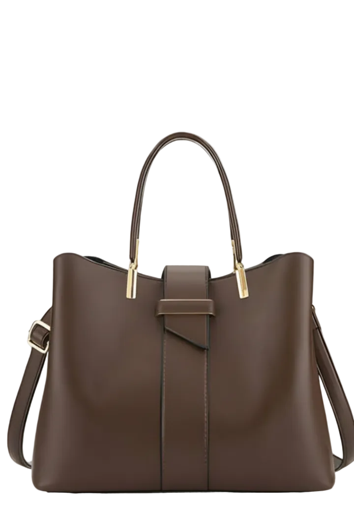 Damska torba typu tote o usztywnionej formie z podwójnymi uchwytami, centralnym paskiem i odpinanym paskiem na ramię-Accessories for Women-Olave