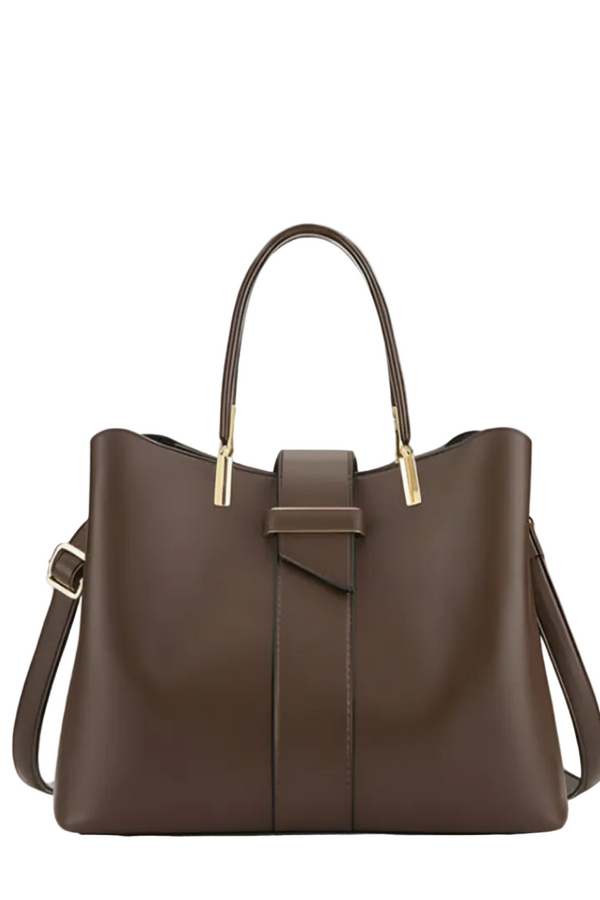 Damska torba typu tote o usztywnionej formie z podwójnymi uchwytami, centralnym paskiem i odpinanym paskiem na ramię-Accessories for Women-Olave