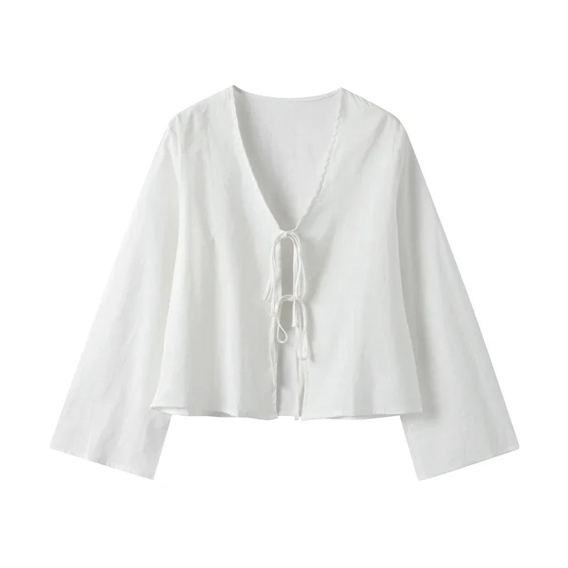 Damski crop top z długim rękawem i wiązaniem z przodu-Tops for women-Olave