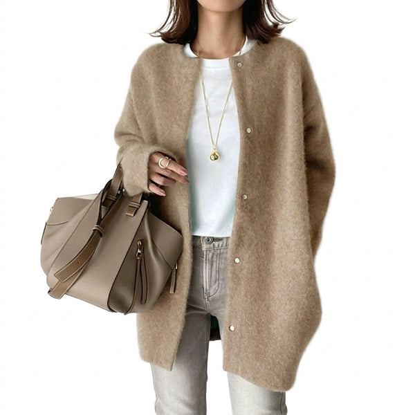 Damski długi kardigan dzianinowy z zapięciem na napy-Cardigan for women-Olave