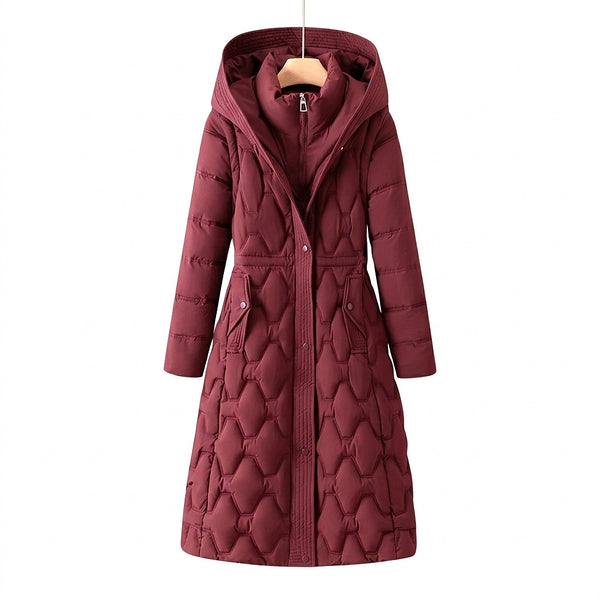 Damski długi płaszcz puchowy z kapturem i geometrycznym pikowaniem-Coats for women-Olave