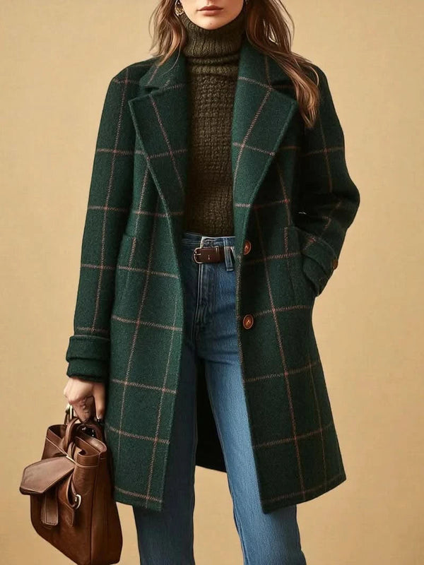 Damski długi płaszcz w kratę-Coats for Women-Olave