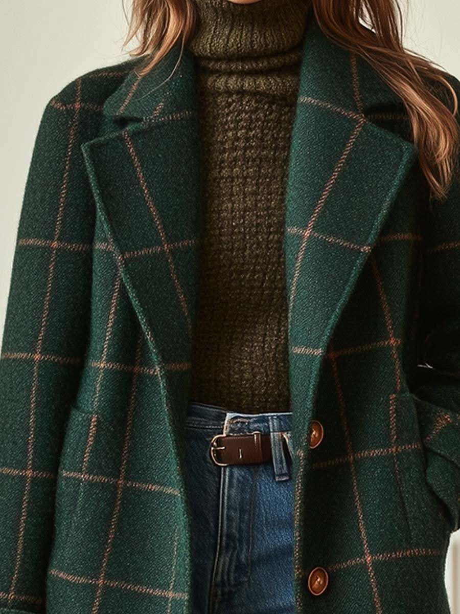 Damski długi płaszcz w kratę-Coats for Women-Olave