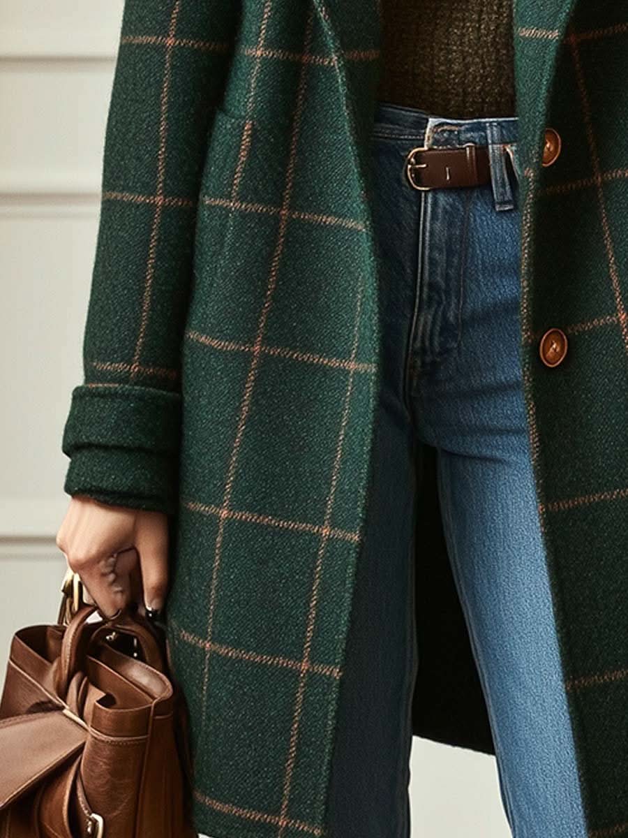 Damski długi płaszcz w kratę-Coats for Women-Olave