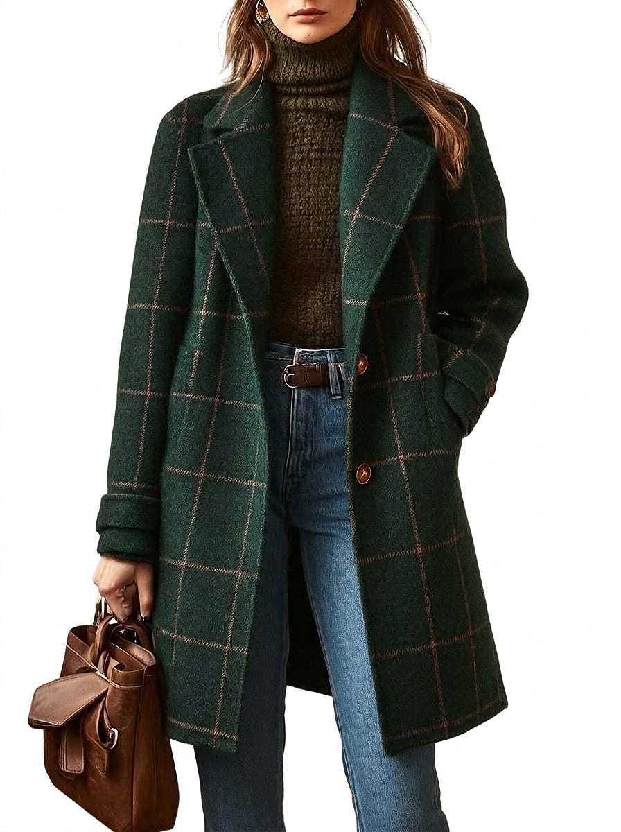 Damski długi płaszcz w kratę-Coats for Women-Olave