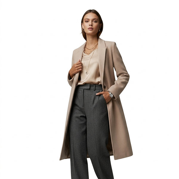 Damski długi płaszcz z klapami i zapięciem na dwa guziki-Coats for women-Olave