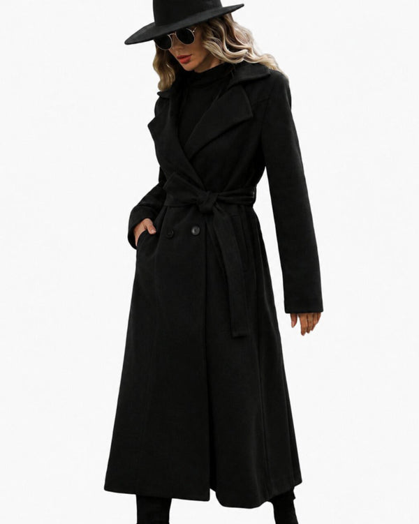 Damski długi trencz z paskiem i kołnierzem z klapami-Coats for women-Olave